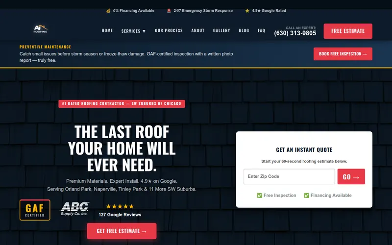 Home page of the AJ Roofing website