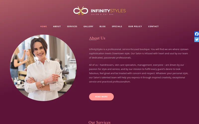 Home page of the Infinity Styles website